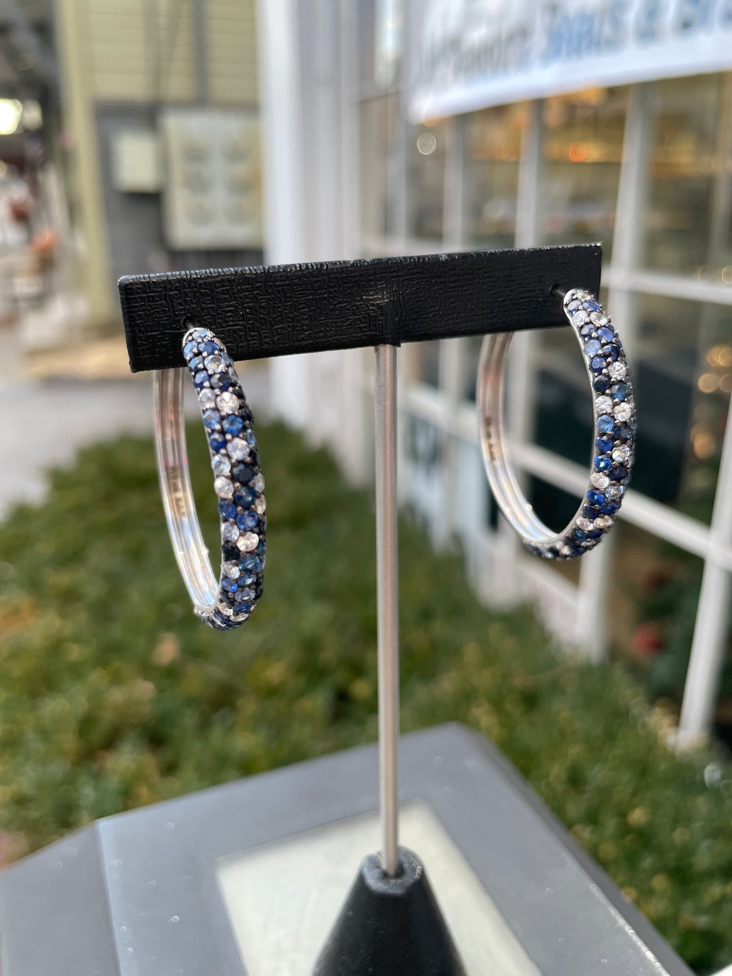 Designer Effy 925 Sterling Silver Sapphire White & Blue Topaz Large Cluster Hoop Earrings