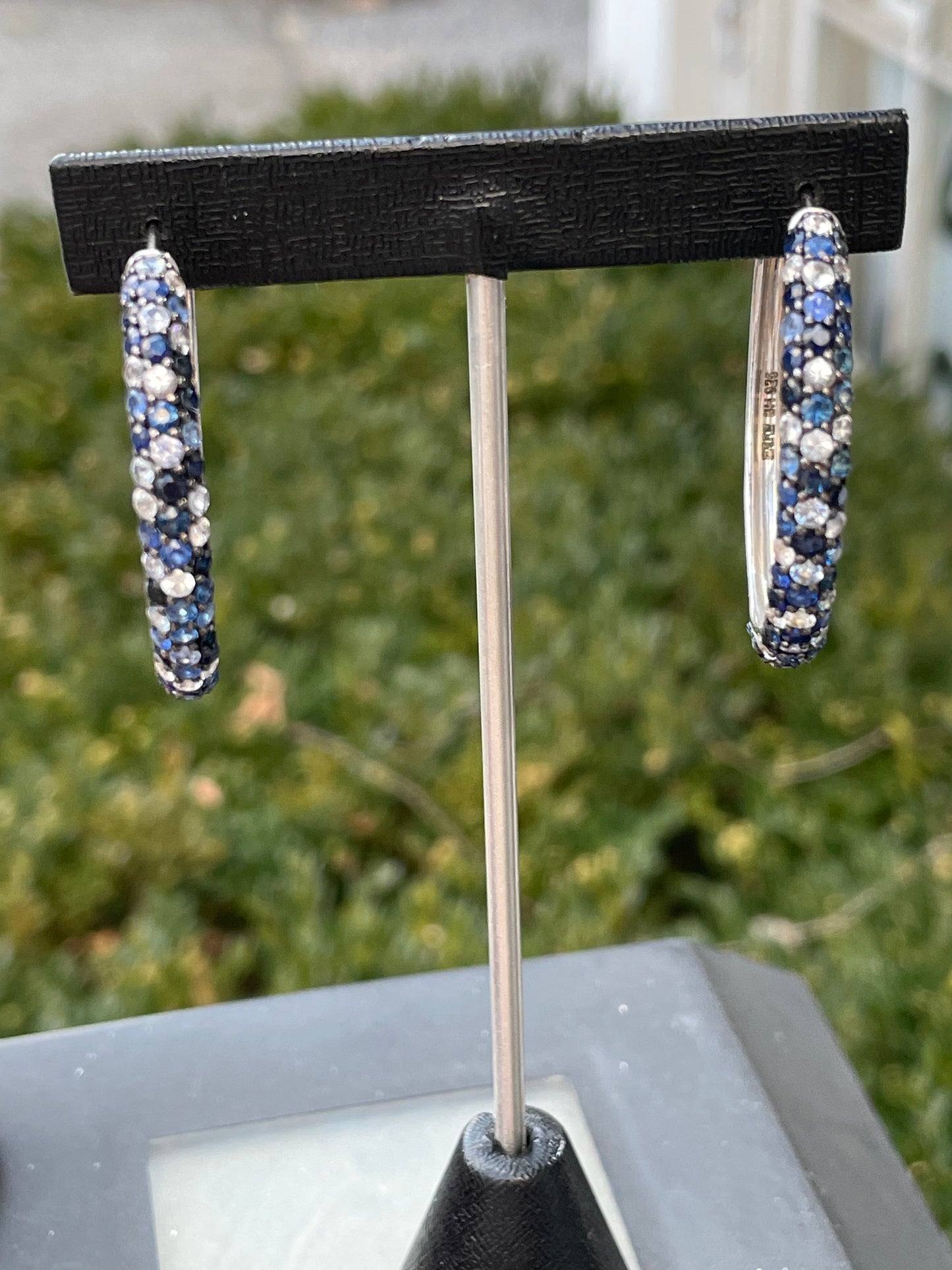 Designer Effy 925 Sterling Silver Sapphire White & Blue Topaz Large Cluster Hoop Earrings