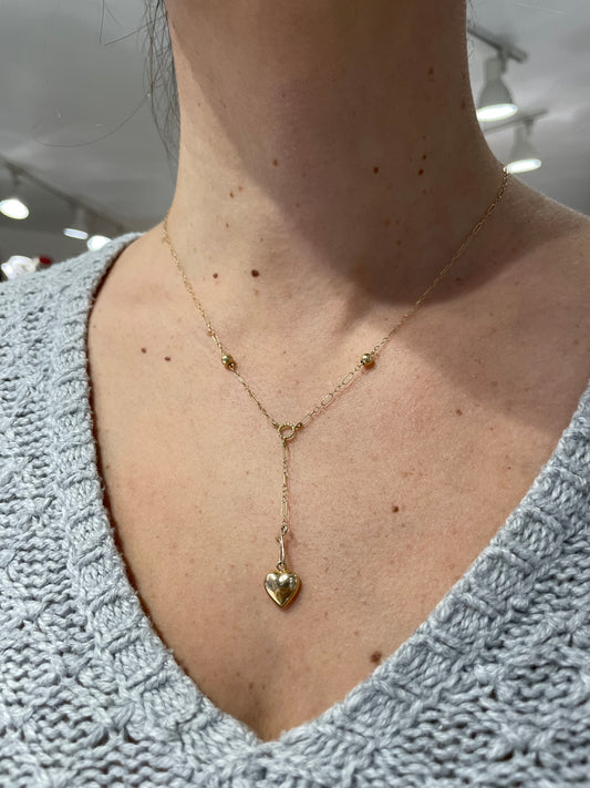 14k Gold Beaded Puff Heart Plunge Drop Necklace