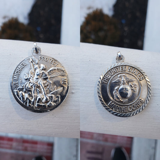 925 Sterling Silver US Marine Corps / Saint Michael Reversible Disc Medallion Pendant