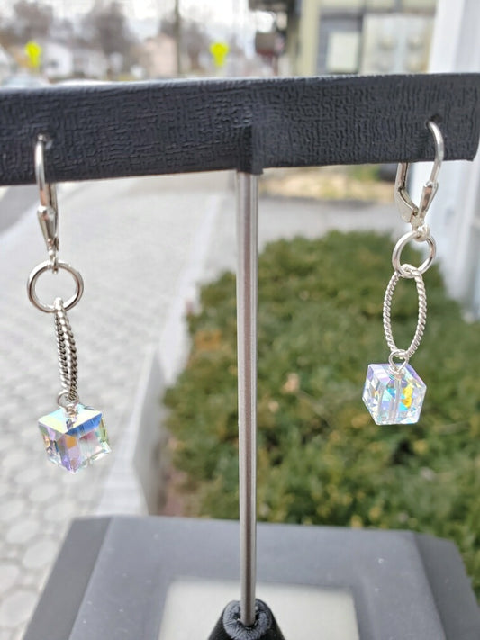 925 Sterling Silver AB Crystal Cube Dangle Earrings