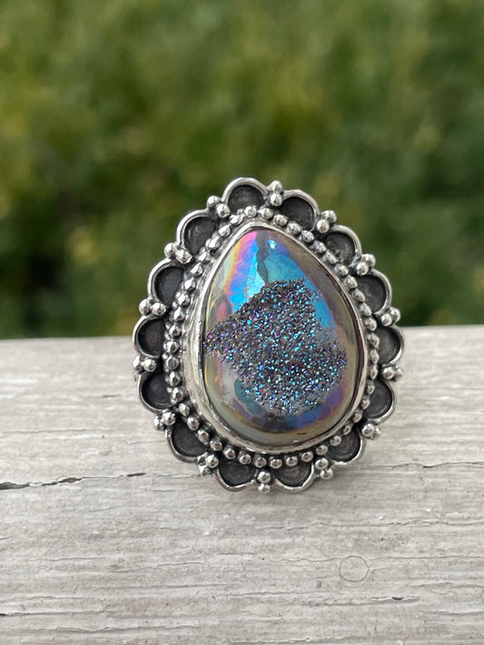 925 Sterling Silver Abalone Druzy Pear Shape Ring