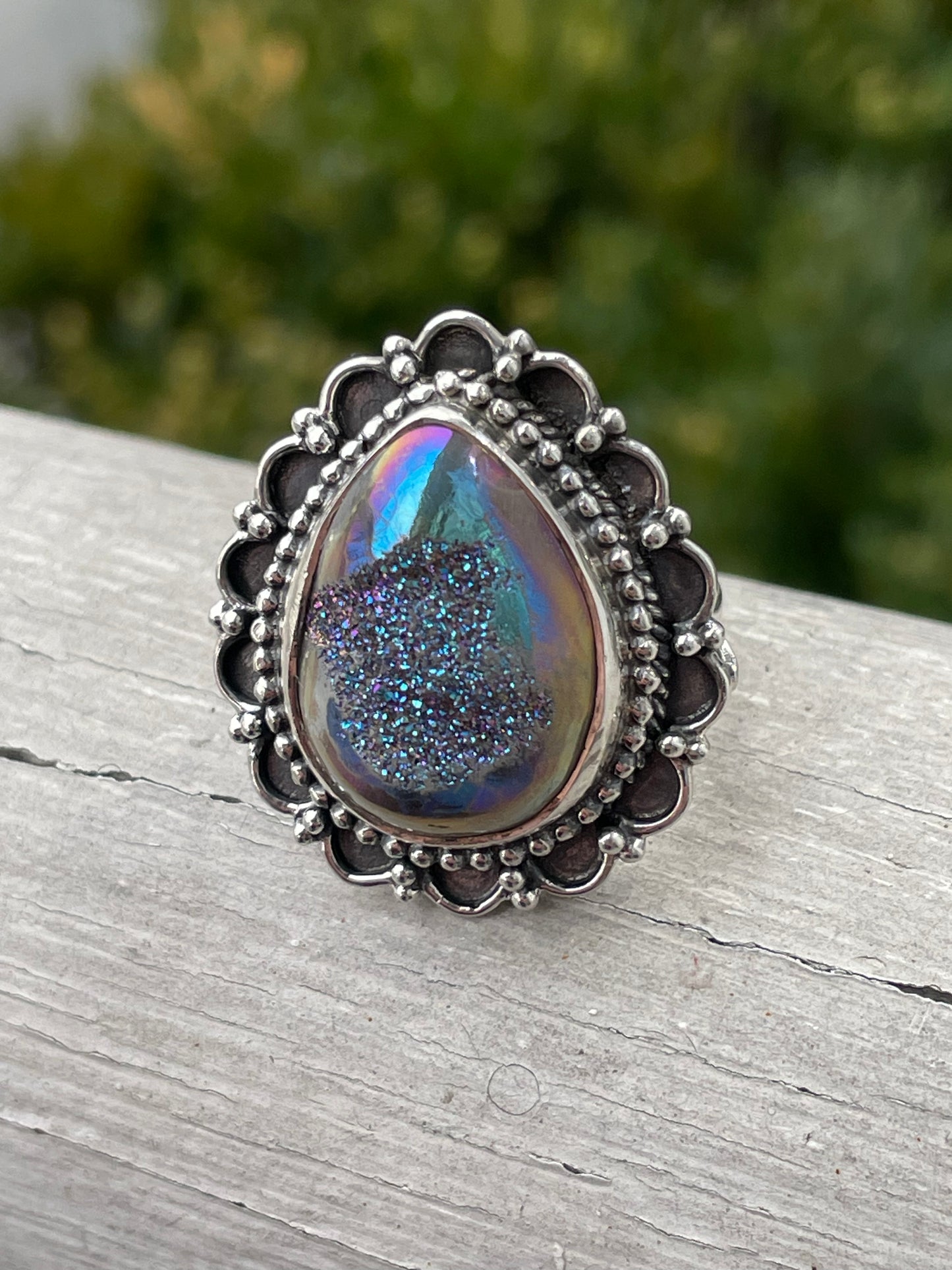 925 Sterling Silver Abalone Druzy Pear Shape Ring