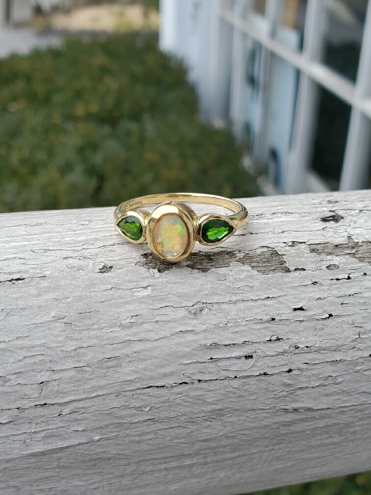 925 Sterling Silver Vermeil Opal & Chrome Diopside Ppf Ring