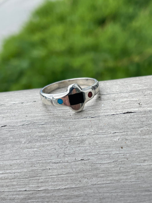 925 Sterling Silver Onyx Turquoise & Coral Band Ring