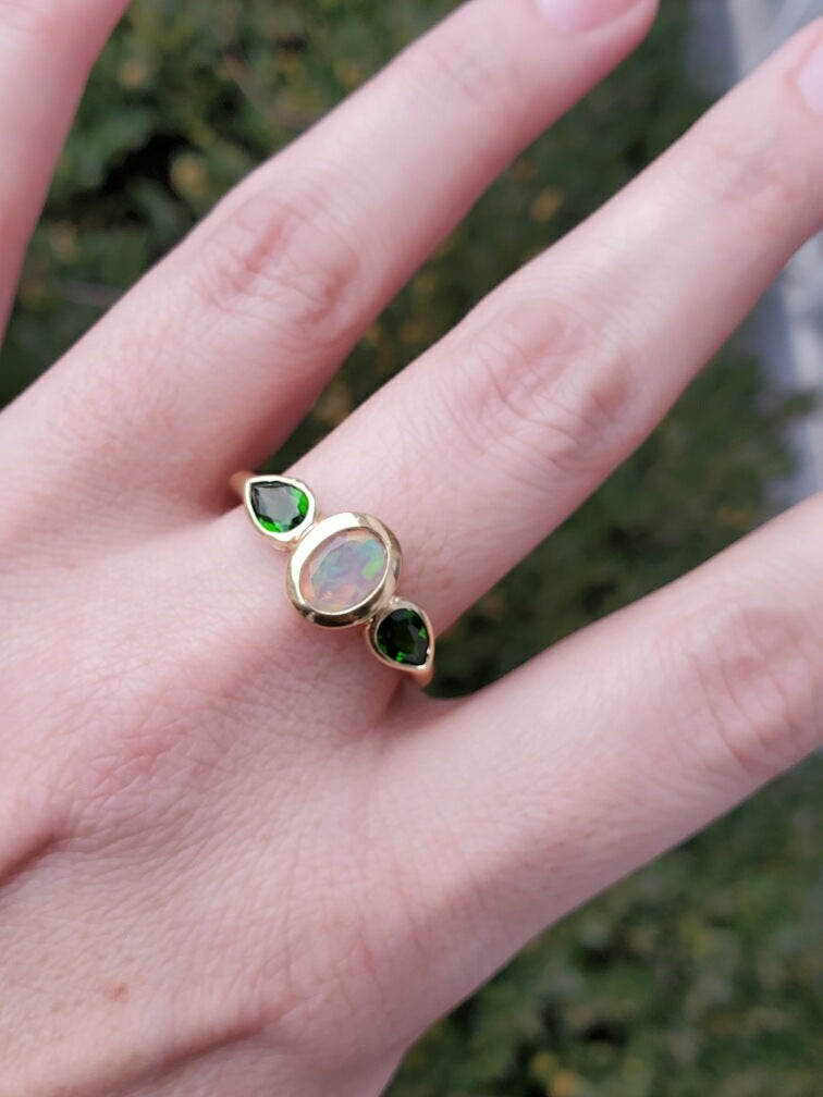 925 Sterling Silver Vermeil Opal & Chrome Diopside Ppf Ring