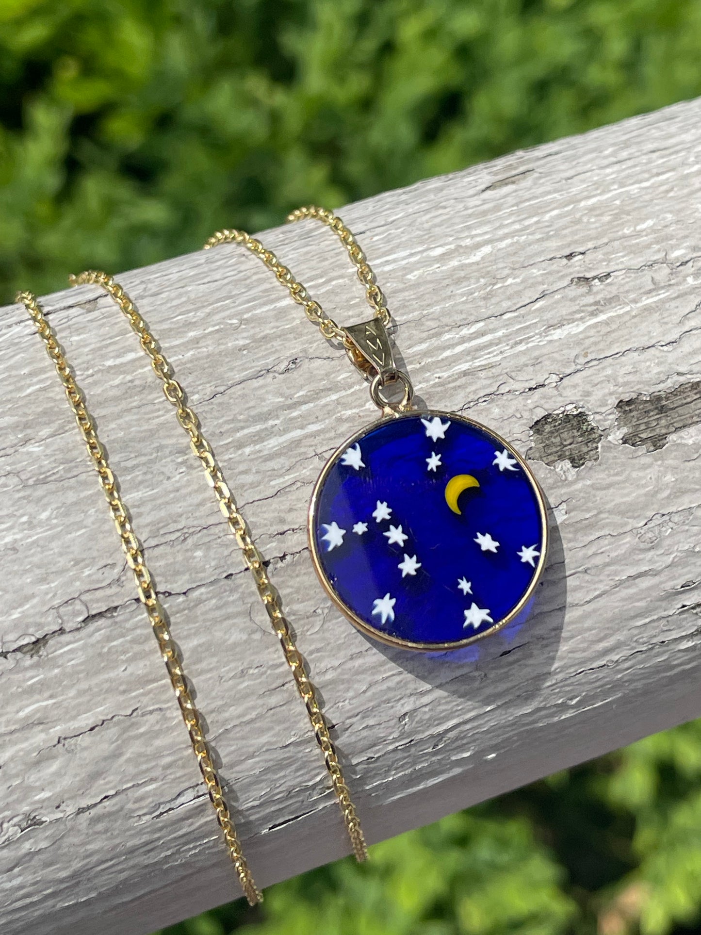 925 Sterling Silver Vermeil Moon & Stars Amulet Necklace