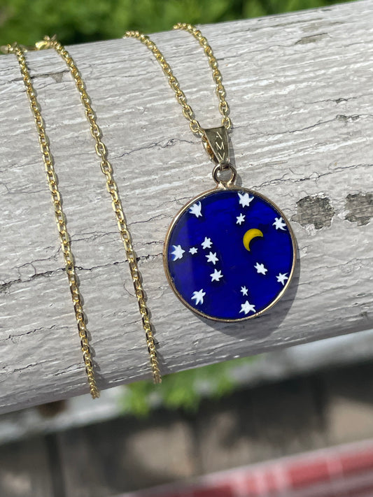 925 Sterling Silver Vermeil Moon & Stars Amulet Necklace