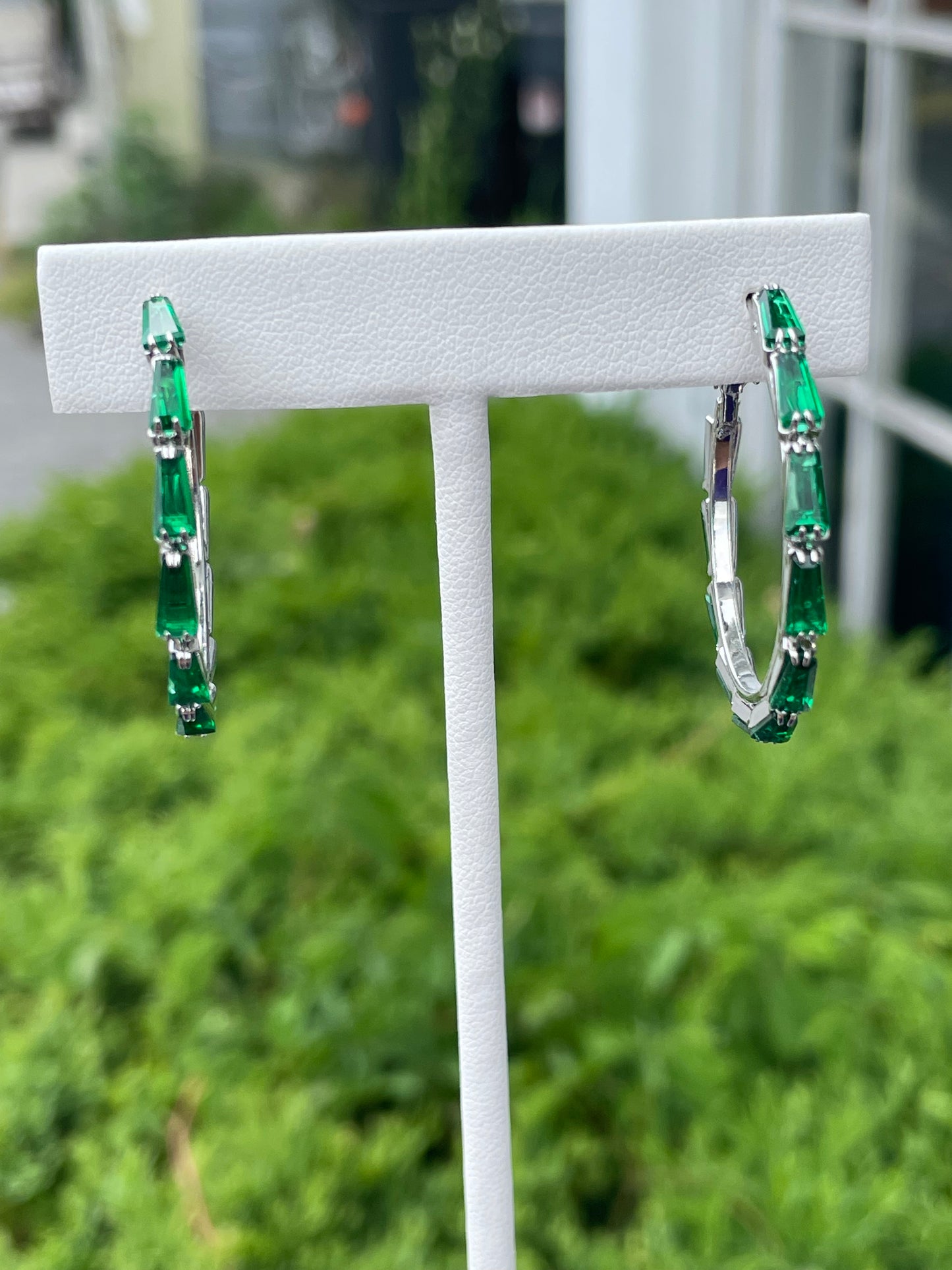 Stainless steel Emerald cut Green Zirconia Hoop Earrings