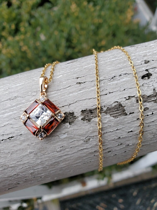 Stainless Steel Garnet & Cz Cluster Necklace