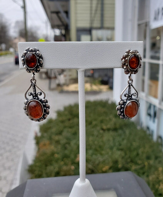 925 Sterling Silver Oval Amber Dangle Earrings