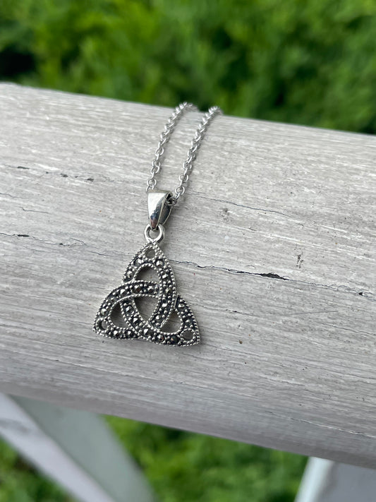 925 Sterling Silver Celtic Trinity Knot Marcasite Necklace