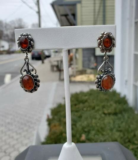 925 Sterling Silver Oval Amber Dangle Earrings