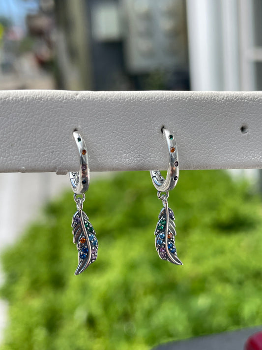 925 Sterling Silver Multi-color Stone Angel Wing Feather Dangle Earrings