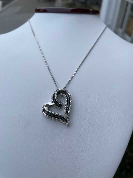 925 Sterling Silver White & Blue Diamond Sideways Heart Necklace