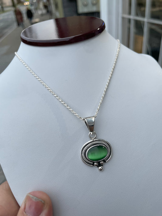 925 Sterling Silver Green Cats Eye Necklace