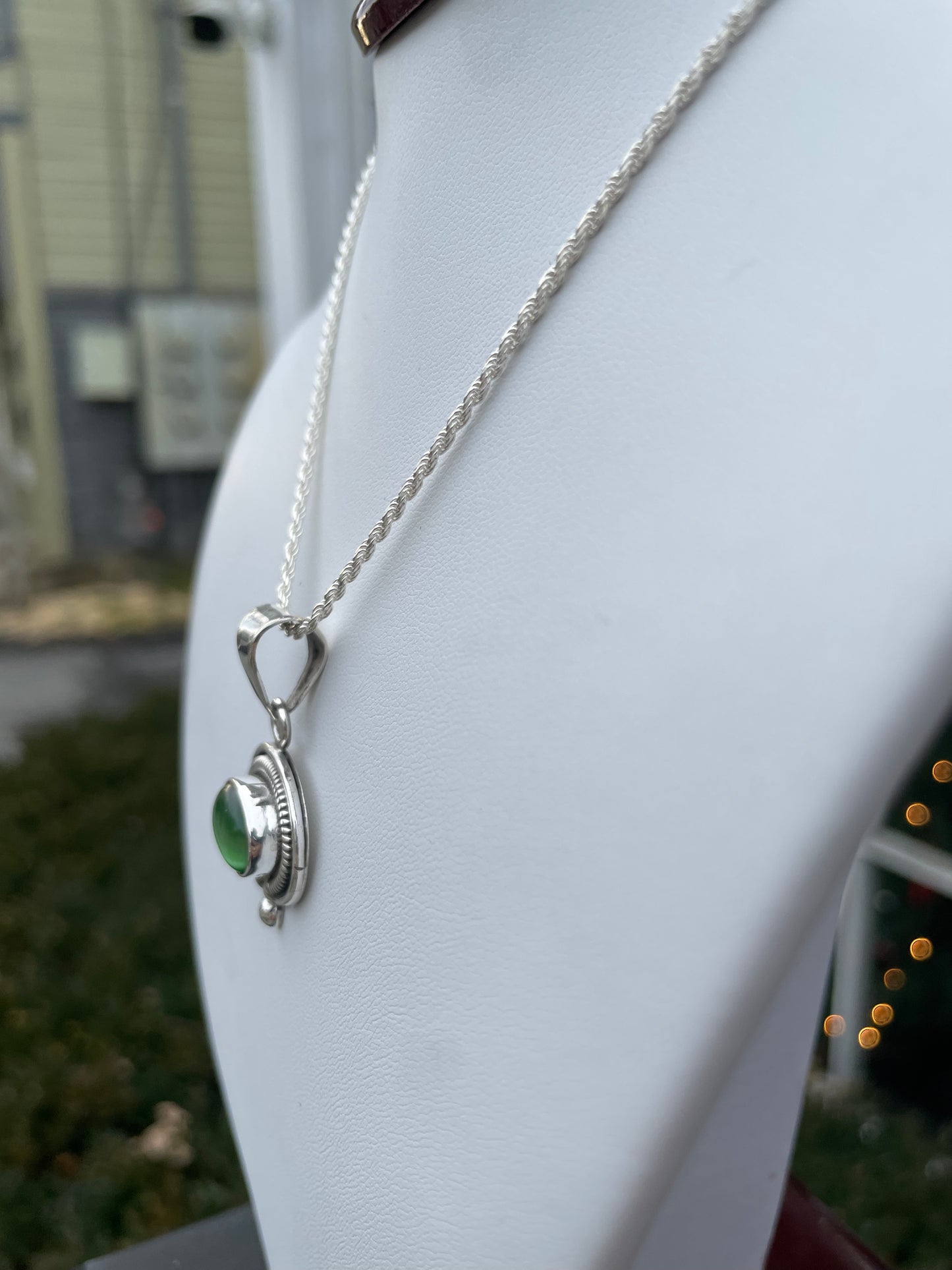 925 Sterling Silver Green Cats Eye Necklace