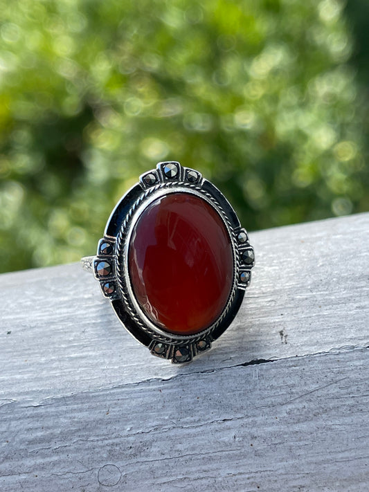 925 Sterling Silver Carnelian & Marcasite Statement Ring