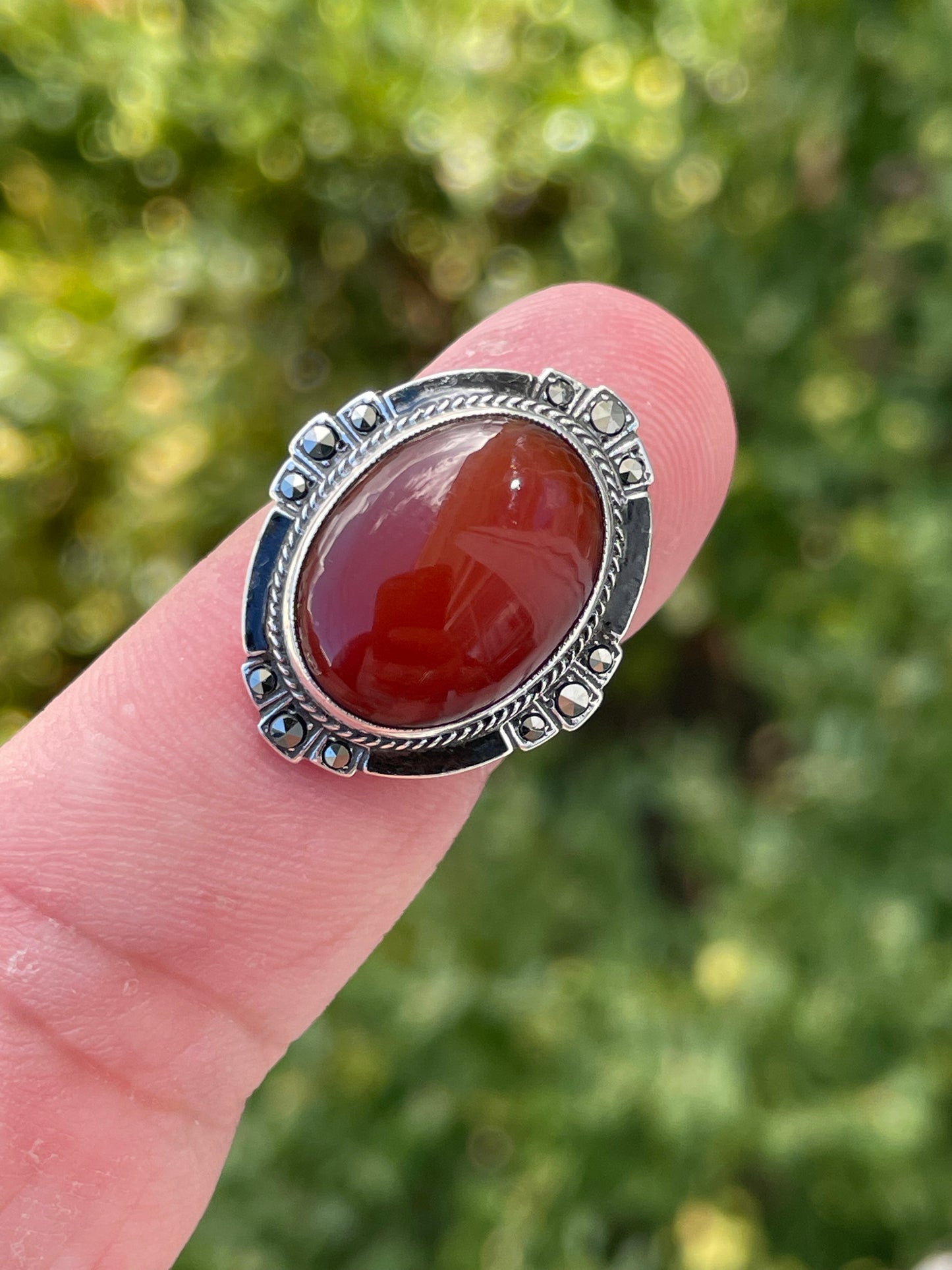 925 Sterling Silver Carnelian & Marcasite Statement Ring