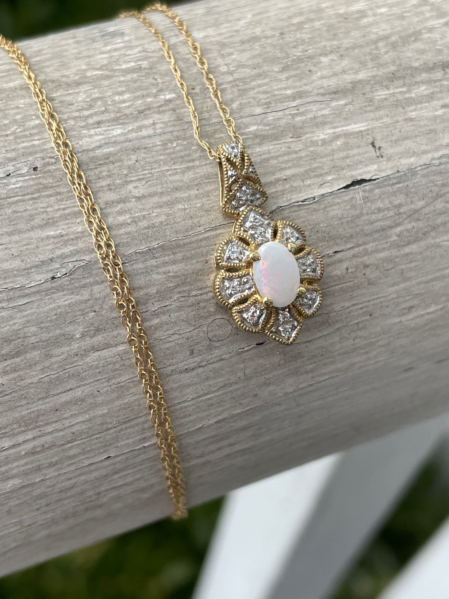 14k Gold Opal & Clear Zirconia Cluster Necklace