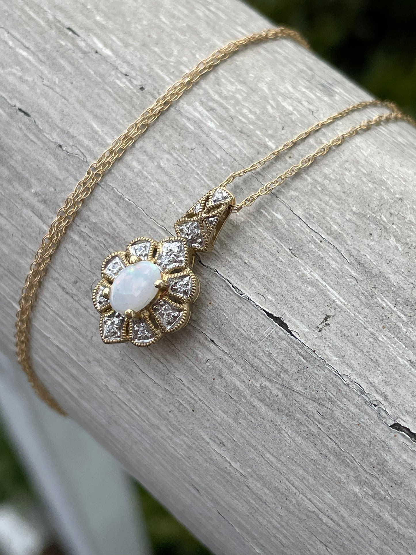 14k Gold Opal & Clear Zirconia Cluster Necklace