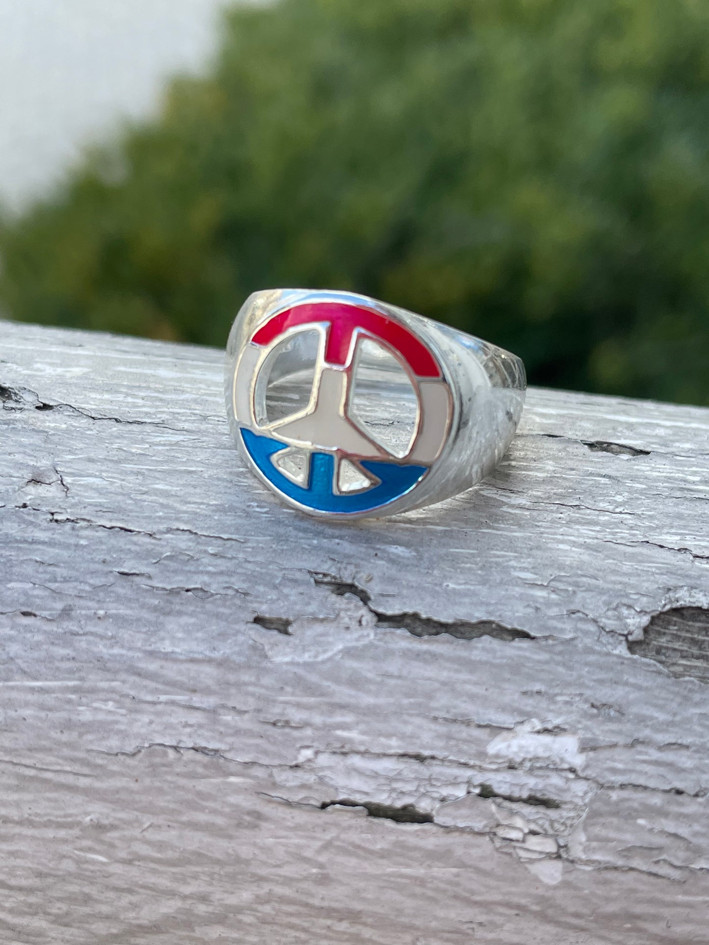 925 Sterling Silver American Flag Enamel Peace Sign Ring