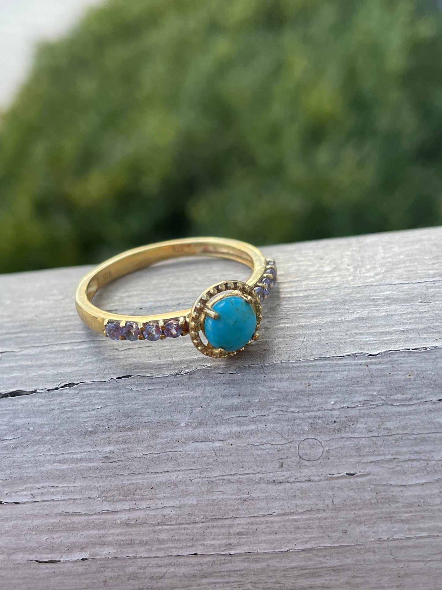925 Sterling Silver Vermeil Turquoise & Tanzanite Solitaire Ring