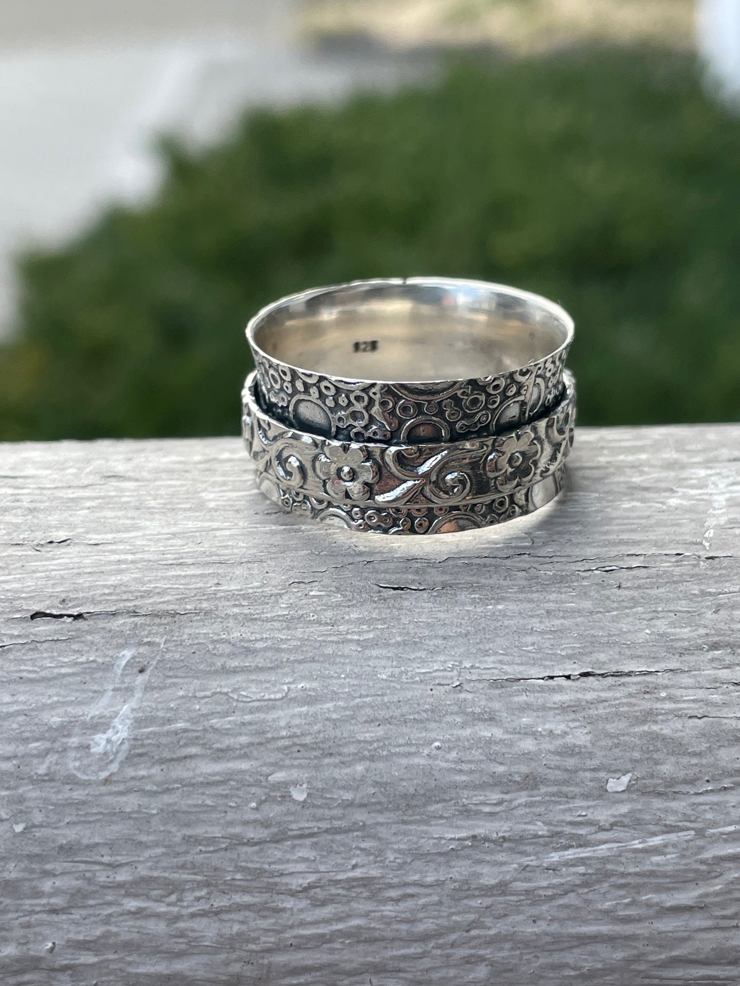 925 Sterling Silver Floral Etched Cigar Band Fidget Spinner Ring