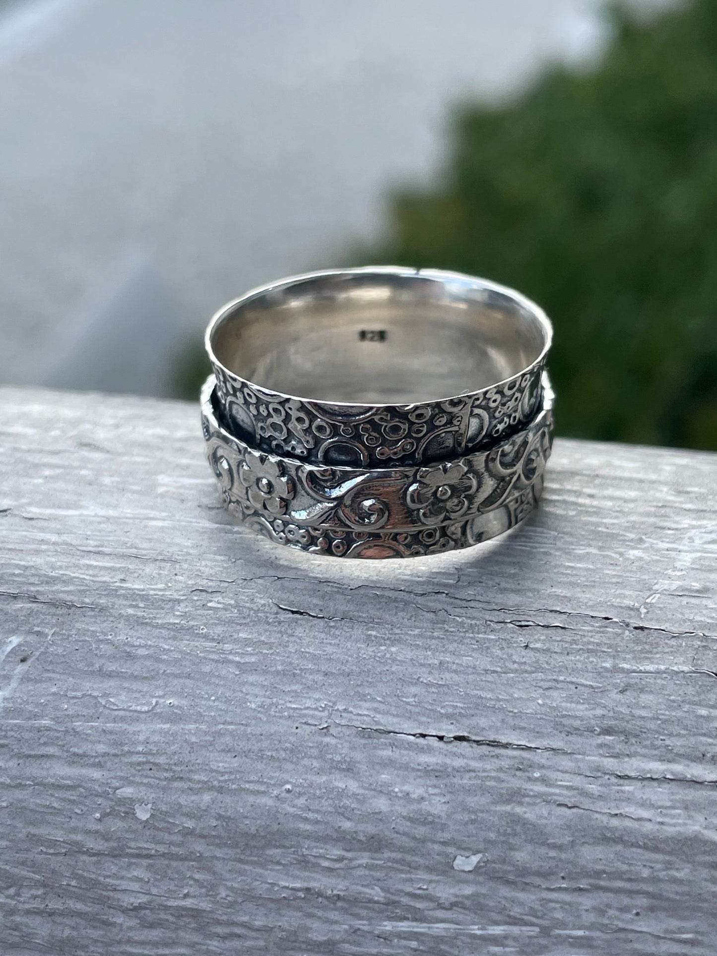 925 Sterling Silver Floral Etched Cigar Band Fidget Spinner Ring