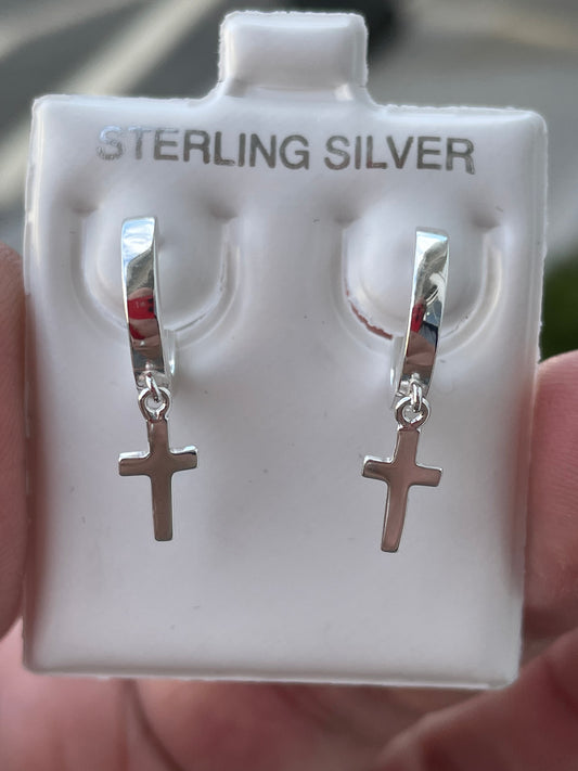 925 Sterling Silver Dangling Cross Huggie Hoop Earrings