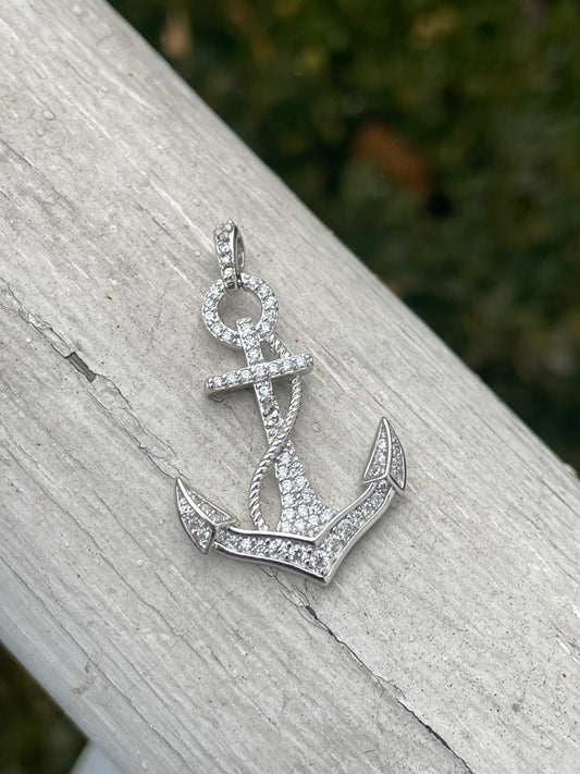 925 Sterling Silver Clear Zirconia Anchor Charm Pendant