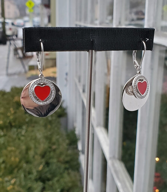 925 Sterling Silver Loving Heart Red Enamel Heart Leverback Dangle Earrings