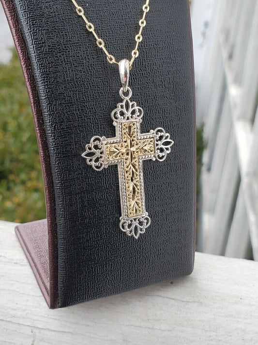 925 & 14k Gold Diamond Cut Filigree Cross Necklace