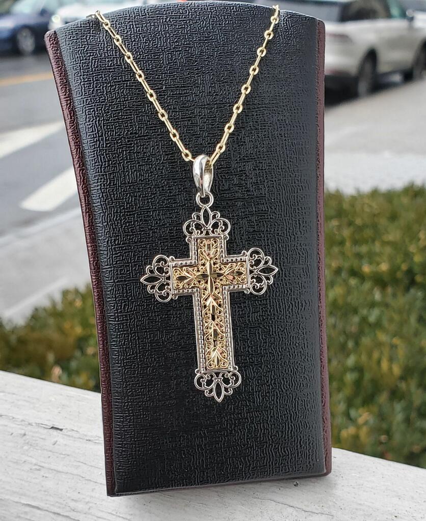 925 & 14k Gold Diamond Cut Filigree Cross Necklace