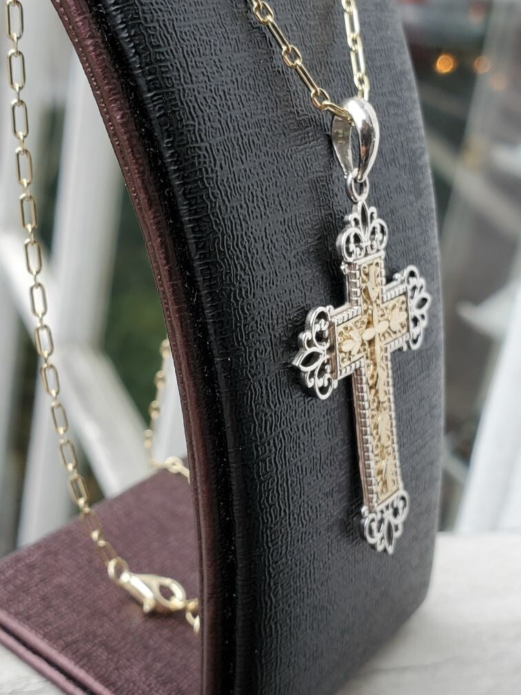 925 & 14k Gold Diamond Cut Filigree Cross Necklace