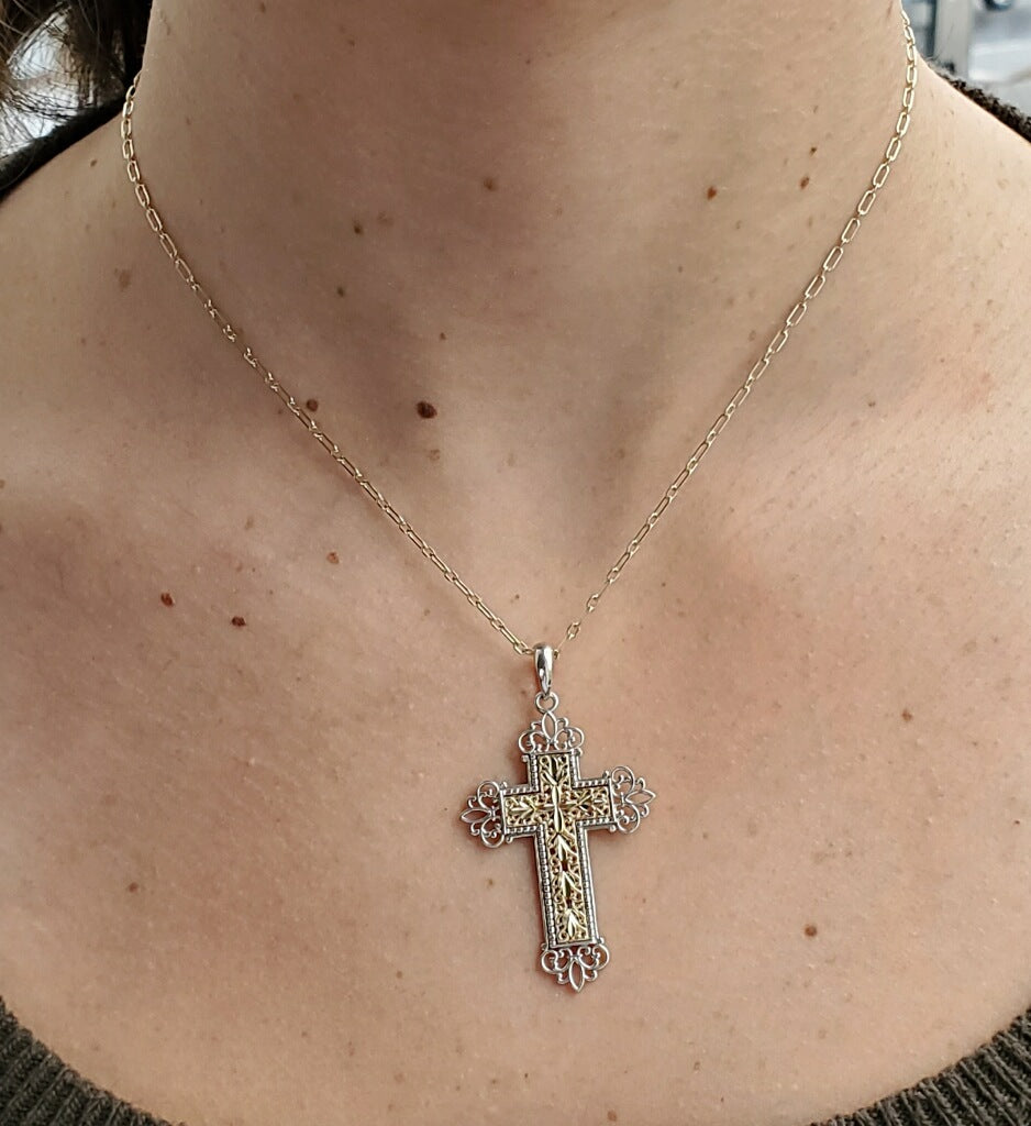 925 & 14k Gold Diamond Cut Filigree Cross Necklace