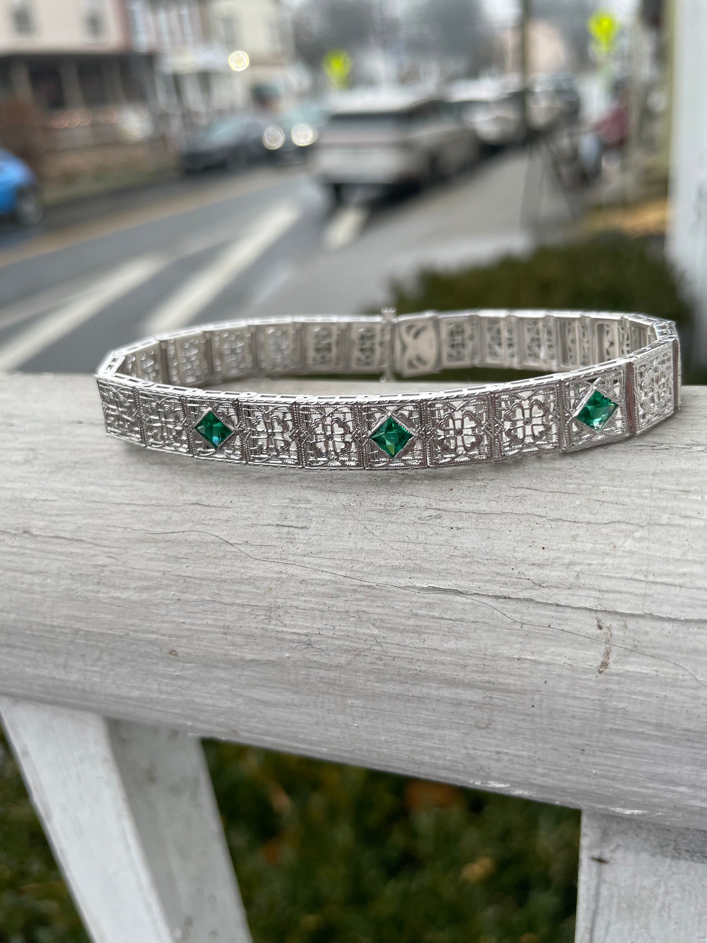 14k White Gold Antique Emerald Filigree Bracelet
