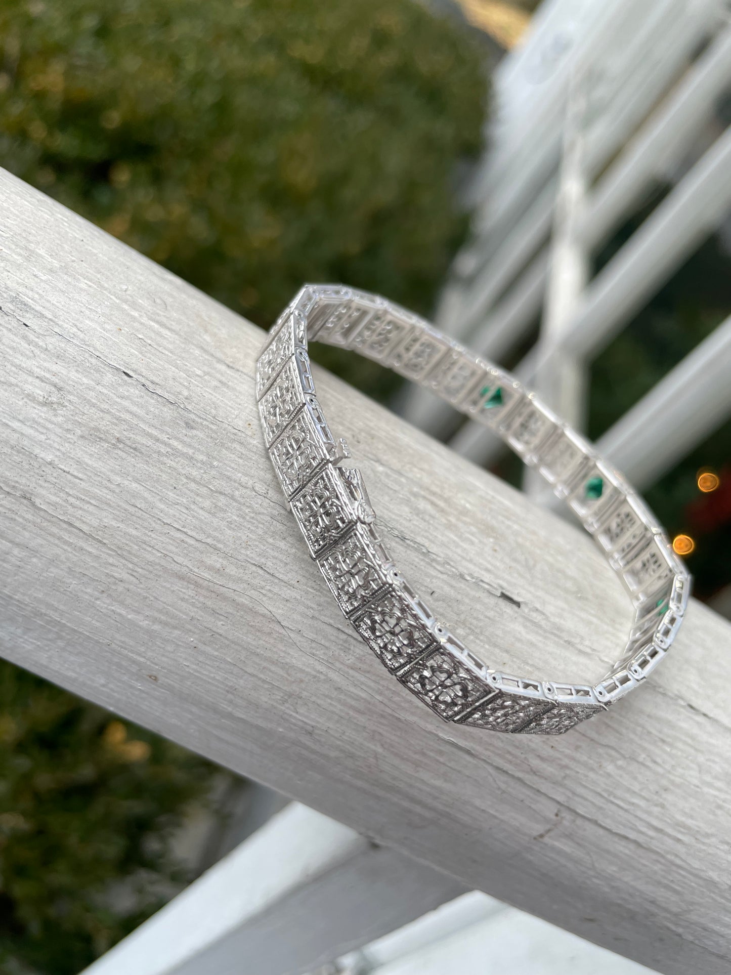 14k White Gold Antique Emerald Filigree Bracelet