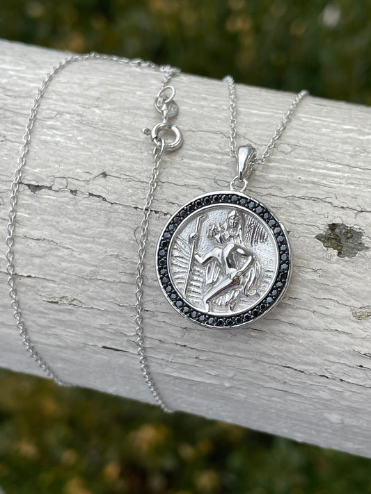 925 Sterling Silver Saint Christopher Necklace with Black Zirconia