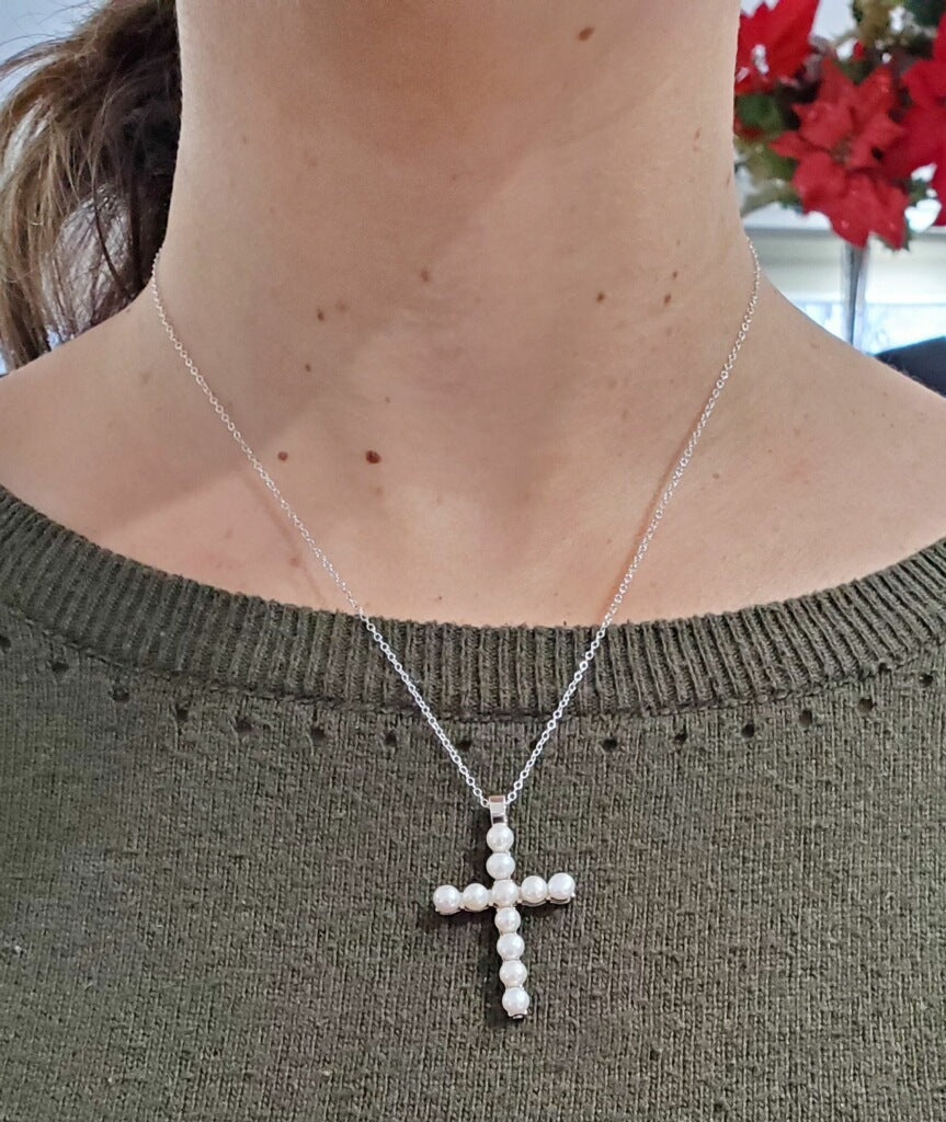 925 Sterling Silver Freshwater Pearl Cross Necklace