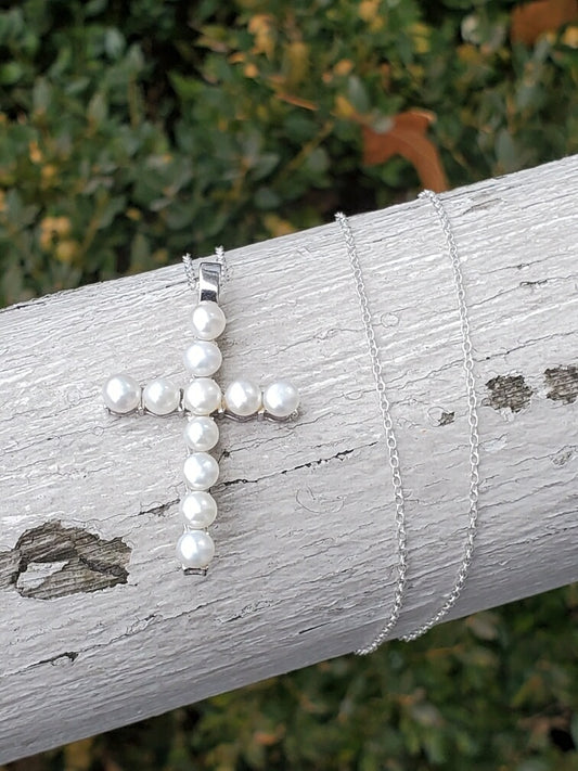 925 Sterling Silver Freshwater Pearl Cross Necklace