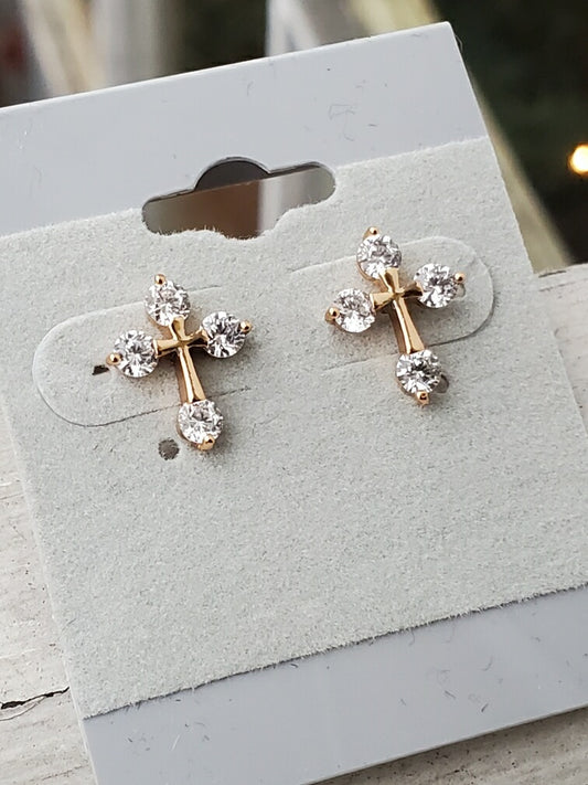 Stainless Steel Vermeil Cz Cross Stud Earrings