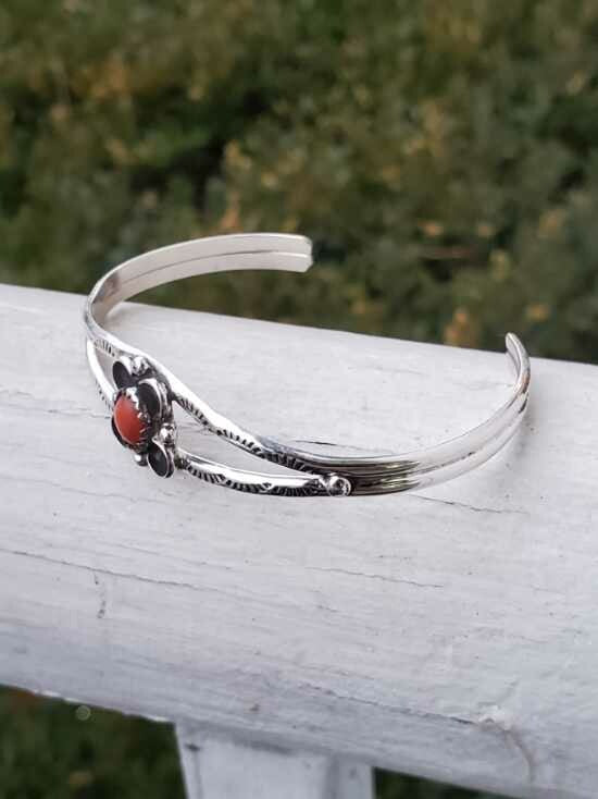 925 Sterling Silver Southwest Tribal Coral Cuff Bracelet