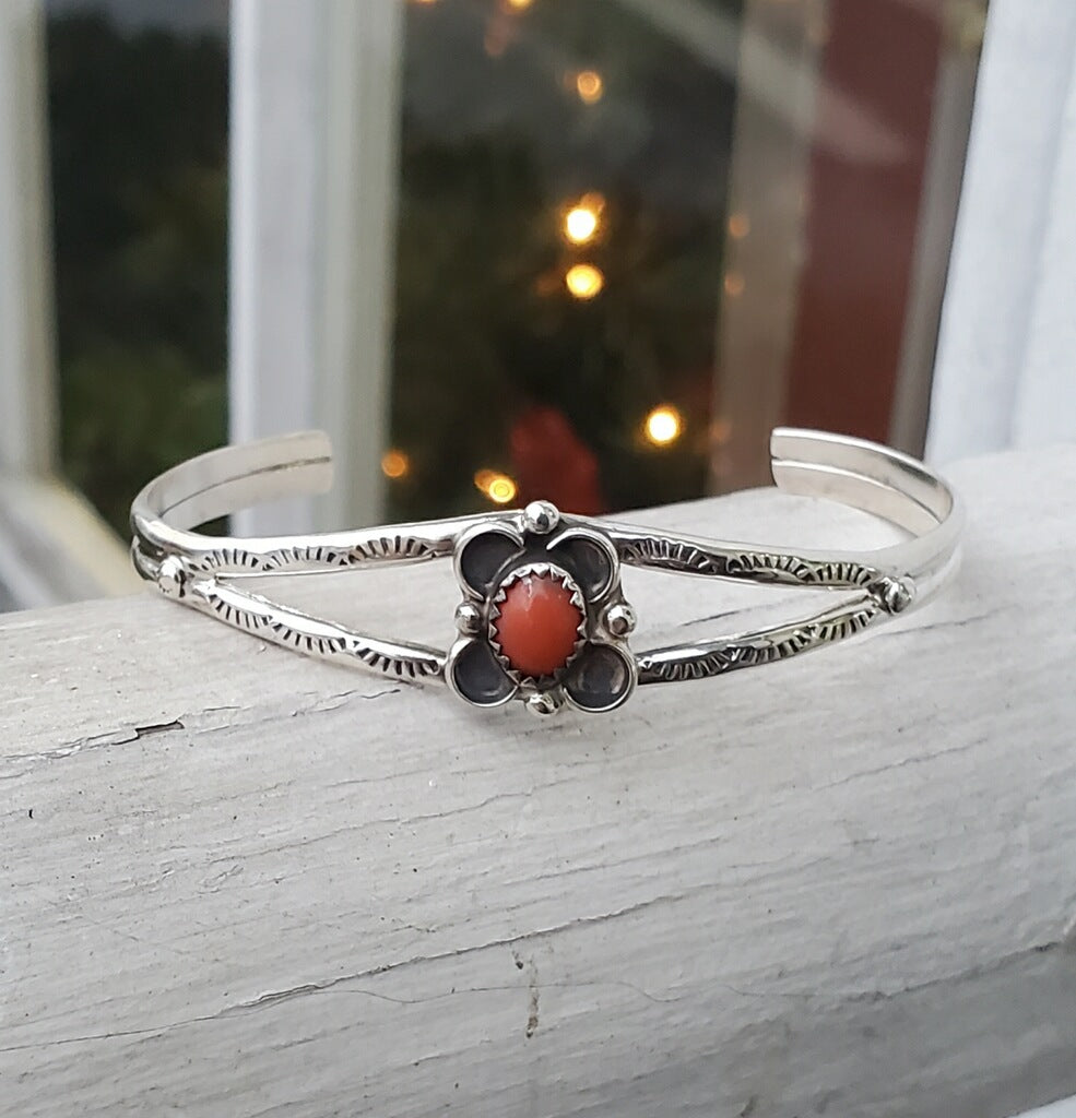 925 Sterling Silver Southwest Tribal Coral Cuff Bracelet