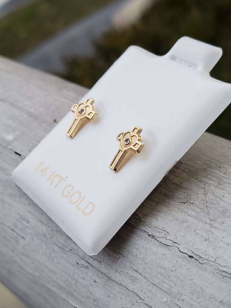 14k Gold Cross Heart Stud Screwback Earrings