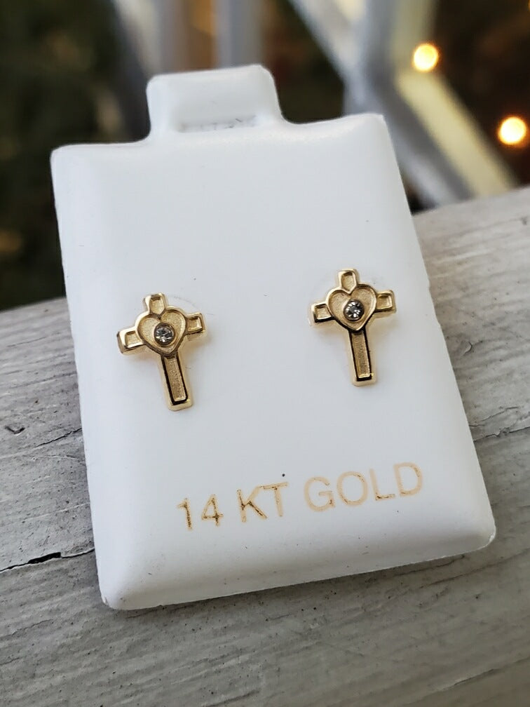 14k Gold Cross Heart Stud Screwback Earrings