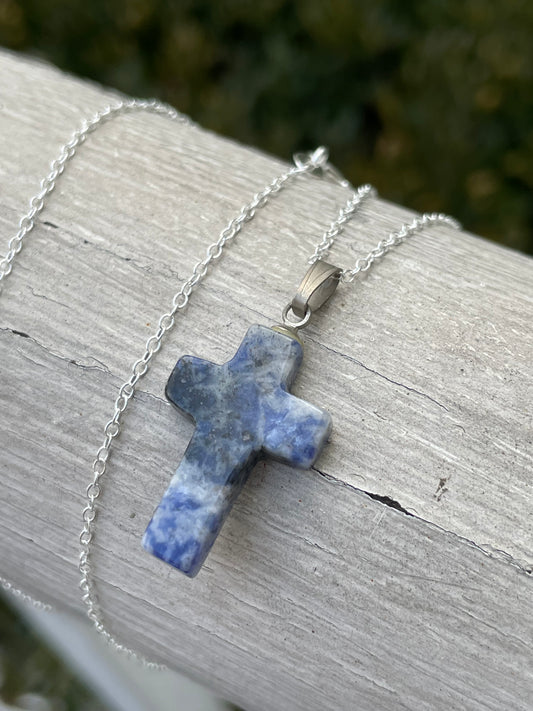 925 Sterling Silver Handmade Sodalite Stone Cross Necklace