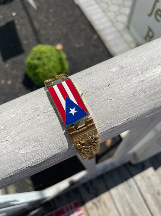 Stainless Steel Gold Plated Puerto Rico Flag Curb Link Bracelet