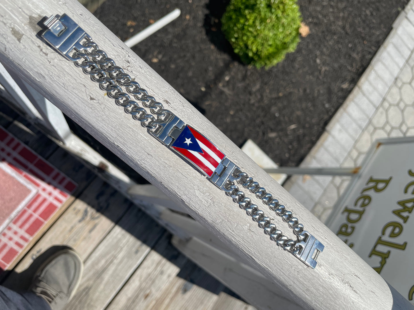 Stainless Steel Puerto Rico Flag Curb Link Bracelet