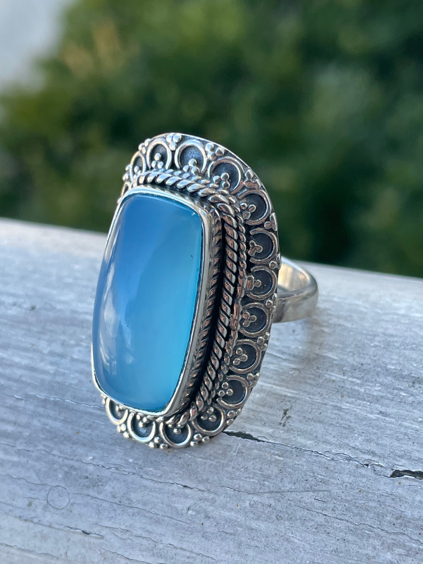 925 Sterling Silver Blue Chalcedony Curved Shield Filigree Ring
